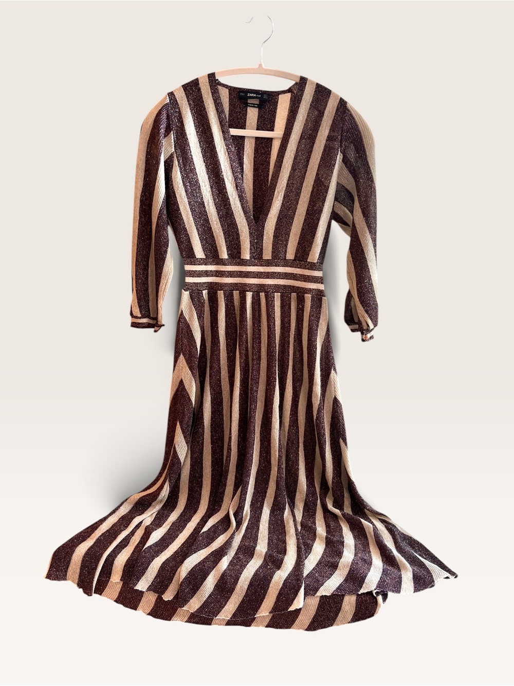 Zara Striped V-Neck Metallic Knit Dress - Brown & Cream